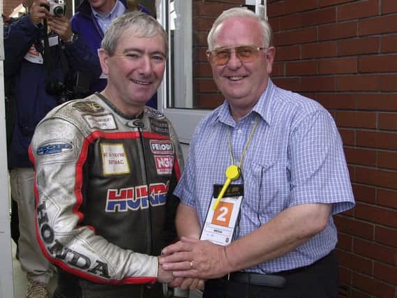 Harold Crooks with Joey Dunlop at the Isle of Man TT in 2000.