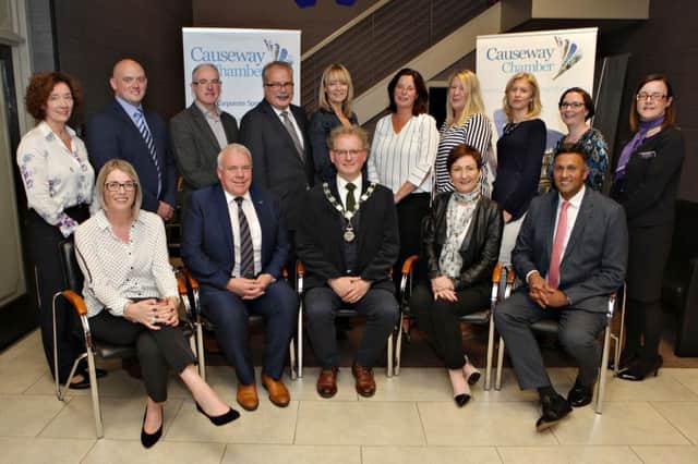 Causeway Chamber of Commerce Council at their AGM are, seated, Operations Manager Annette Deighan, David Boyd Deputy Vice President, President Murray Bell, Anne Marie McGoldrick Vice President, Past President Anthony Newman, standing, Frances Lundy, Zane Cole, Jonny O'Brien, Ian Donaghey, Karen Yates, Jayne Taggart, Anne Morrison, Camilla Long, Geri Martin and Maire McAllister.