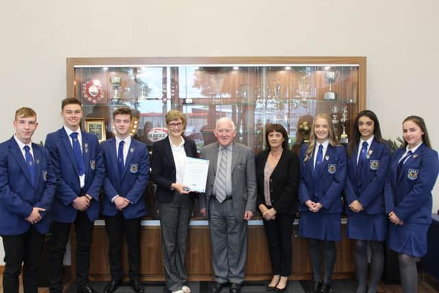 Head Boy Cameron Harvey, Deputy Head Boys Kofi Balmer and Isaiah Close, Head Girl Leah Smyth with Deputy Head Girls Megan Crone and Rachel Fothergill, pictured with Rev Dr J H MacConnell Chair of the Board of governors, Mrs K Bell (Principal) and Mrs Beattie (Senior Teacher for Careers).