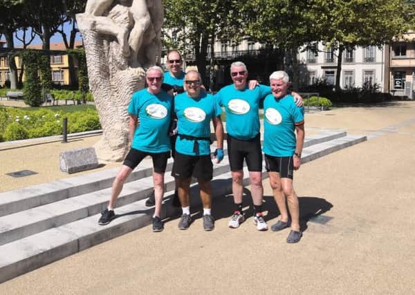 The cycling group at the end of their trip in Carcassonne.
Left to rght; Trevor Gillen, John Wallace, Ronnie McBride,
Jim McKendry, Bruce Holdstock