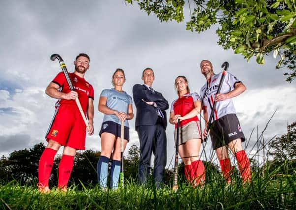 Pictured at the launch of the EY Hockey League in Dublin are (L to R): Sam Grace, UCC; Chloe Watkins, Monkstown; Frank OKeeffe, Managing Partner, EY Ireland; Ruth Maguire, Pegasus and Peter Caruth, Annadale.
