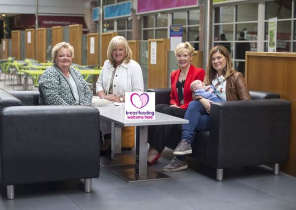 Pictured promoting the 'Breastfeeding Welcome Here' scheme which Lisburn & Castlereagh City Council has signed up to for all its facilities are: (l-r) Barbara Porter, Health & Wellbeing Senior Officer,Public Health Agency; Heather Moore, Director of Environmental Services; Councillor Janet Gray MBE, Chair of the Council's Environmental Services Committee; and breastfeeding mum Alison Crawford and Jasper.
