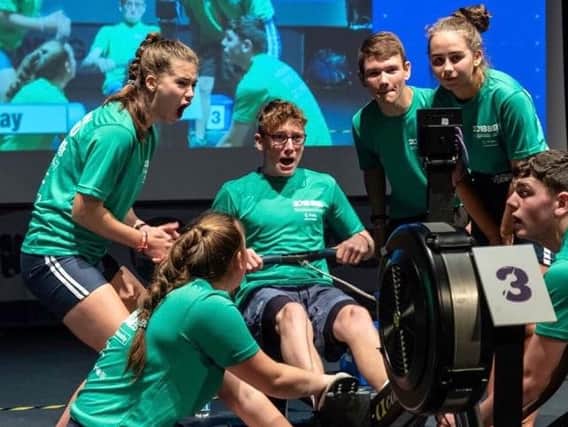 The indoor rowing group from Coleraine Grammar school - Sam Warner, Georgie McLenaghan, Oli Leitch, Jessica Hutton, Noah Gordon and Fergus Bryce - who competed at the recent Loughborough school games. Fergus Bryce pictured in rowing action.