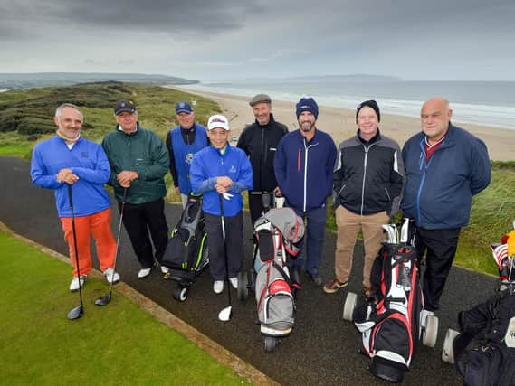 Tourism Ireland invited international golf journalists to visit Northern Ireland this week.  They are pictured on the stunning first tee at Portstewart Golf Club.
Left to right - Miguel Bargero (Spain); Pietro Busconi (Italy); Johnny Medhurst, caddy; Li Chao (China); Curtis Gillespie (Canada); Sam Arthur (Australia); Juergen Linnenbuerger (Germany) and Hans Botman (Netherlands).