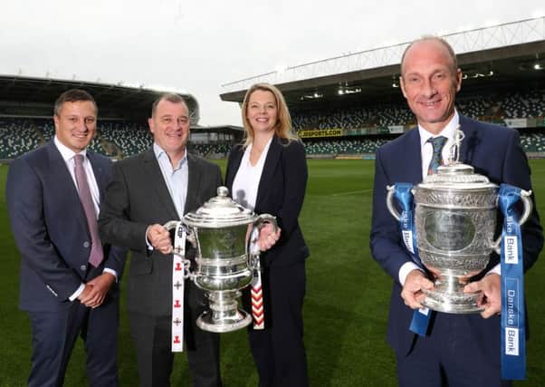 Pictured are (from left to right). Andrew Johnston, Managing Director of NI Football League, Patrick Nelson, Irish FA Chief Executive, Jane Tohill, Editor BBC Sport NI and BBC Sport NIs Stephen Watson announcing the new deal between BBC Sport NI, the Irish Football Association and Northern Ireland Football League.