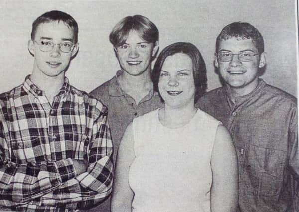 Ballyclare High School 'A' Level students Stephen Whitla, Chris Davison, Louise Todd and Mark Johnson who all achieve straight As in their subjects. 1997.