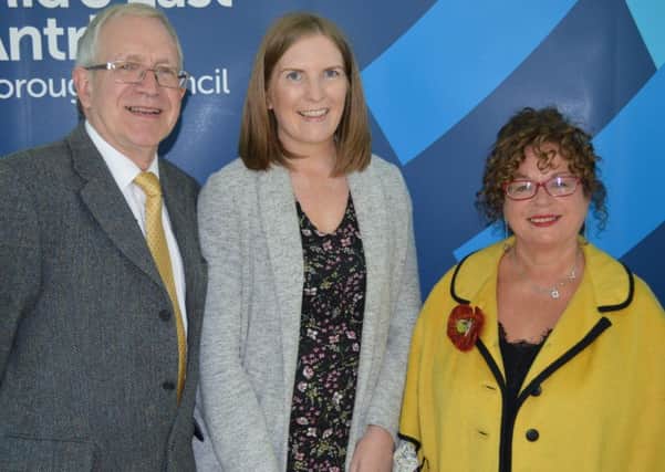 Lauren Gray (centre) with election agent Philip Burnside and Mid and East Antrim councillor Gerardine Mulvenna.