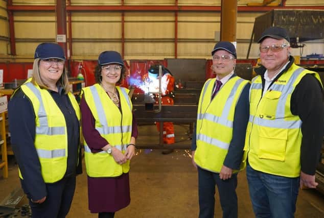 Rachel Coural, Employee Development Co-ordinator, McAuley Engineering; Ann Williamson, Head of Employer Skills, Department for the Economy; Paddy Wallace, Assistant Head of Engineering, Northern Regional College; and Nicky McNeill, Fabrication/Production Area Manager, Terex, launch the NRC Welding Academy.
