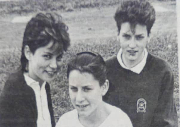 Girls from St Patrick's Secondary School who won top awards at the school's Sports Day. From left: Tanya McLoughlin, Karen Dinsmore and Carol McGurke. 1989.