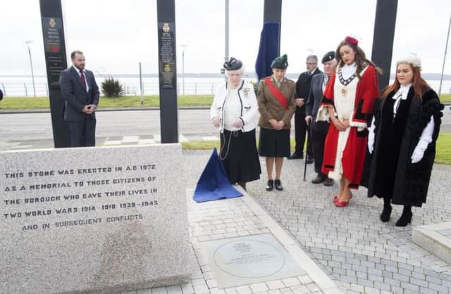 Her Majestys Lord Lieutenant for the County of Antrim, Mrs Joan Christie, CVO, OBE, unveiling the permanent memorial.