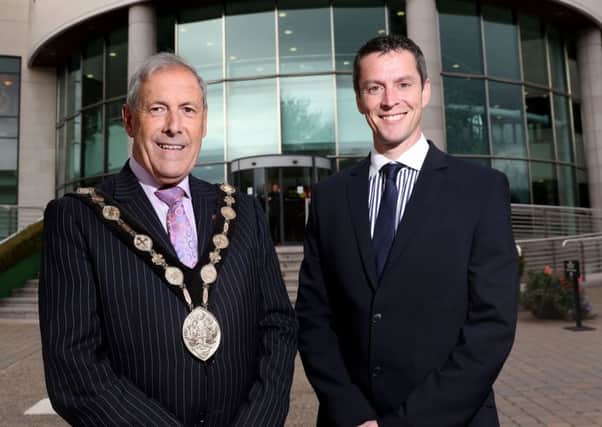 The Right Worshipful the Mayor, Councillor Uel Mackin is pictured with Mr David Burns, new Chief Executive of Lisburn & Castleragh City Council Council.