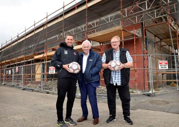 Pictured at the site of the new McDonald Centre are Stephen Baxter, Manager of Crusaders FC; Alan Moneypenny, Chairman of UCIT and Roy McDonald.
