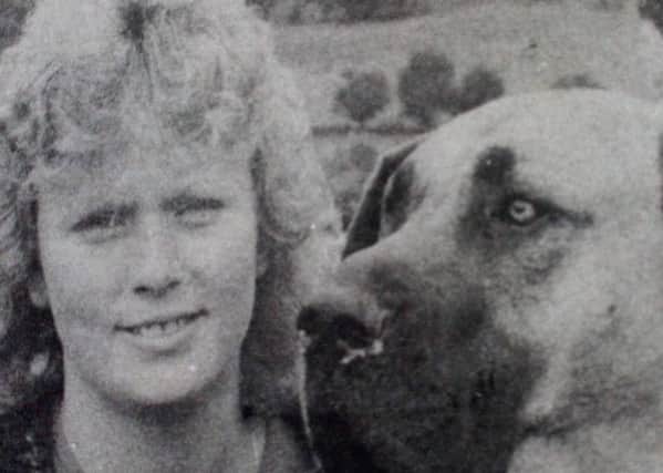 Elaine Jenkins from Larne with her Great Dance Tara, one of the competitors at Larne Canine Show. 1989.