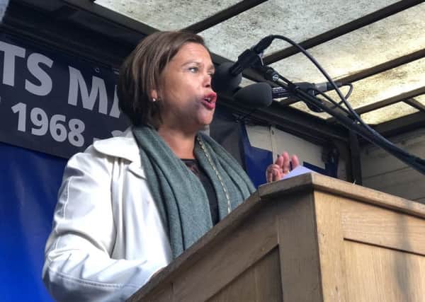 Sinn Fein president Mary Lou McDonald giving a speech in Londonderry on Saturday to mark the 50th anniversary of a civil rights march in the city