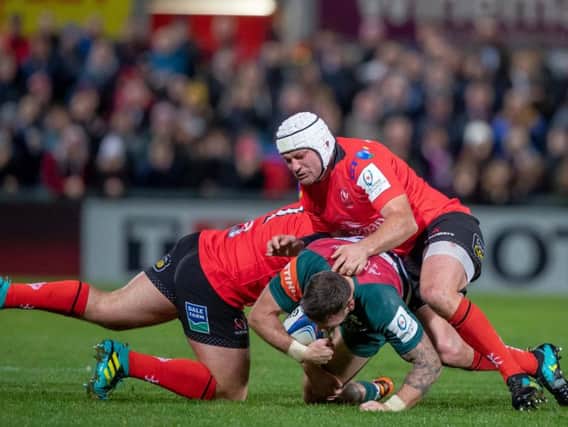 Rory Best in action against Leicester