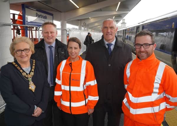 Mayor of Causeway Coast and Glens Council Brenda Chivers along with Richard McAuley, Department for Infrastructure, Louise Sterritt from Translink, William Cameron from Department for Communities and John Deery from Graham Construction view the completed platform at Portrush Train Station. Photo by Aaron McCracken