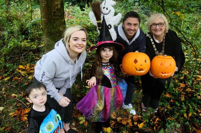 Spooky characters Abigail McGall and Ollie Witherow get ready for the Halloween festivities with The Mayor of Causeway Coast and Glens Borough Council, Councillor Brenda Chivers and sponsors Gareth Witherow and Ruth Owen from The Newbridge Restaurant, Coleraine and The Tides Restaurant, Portrush.PICTURE KEVIN MCAULEY/MCAULEY MULTIMEDIA