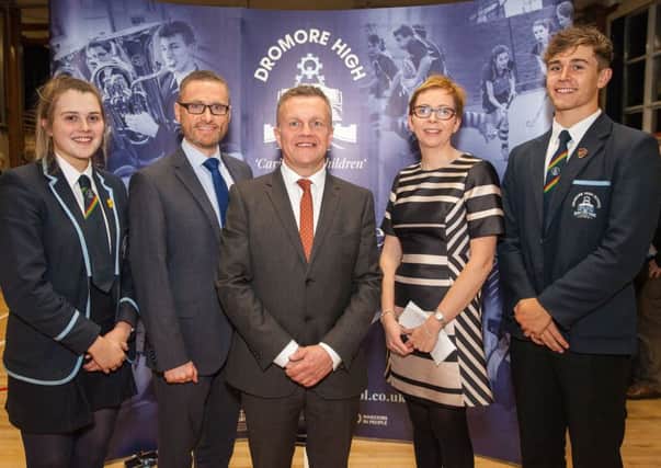 David Scott, Grand Lodge services & outreach manager (centre) pictured with Ian McConaghy, principal of Dromore High School; Wendy Kirkland, head of careers; along with head girl, Eve Hughes, and head boy, Rhys Dale