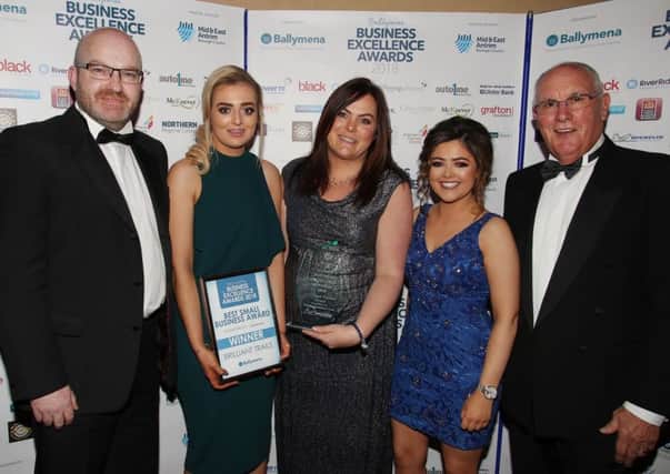Cecil Caldwell (right) of category sponsors Michelin Development Fund with Alan Hamilton, Coleen McErlean, Margaret Brown and Bronagh Blaney of Brilliant Trails winners of the Best Small Business Award