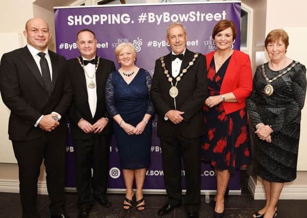 Dr Rory Best OBE, Evan Morton, Chamber President, Heather Morton, Mayor Cllr. Uel Mackin, M.C. Denise Watson and Lady Mayor Jennifer Mackin at the Lisburn Chamber of Commerce 56th Annual Dinner on at Larchfield Estate.