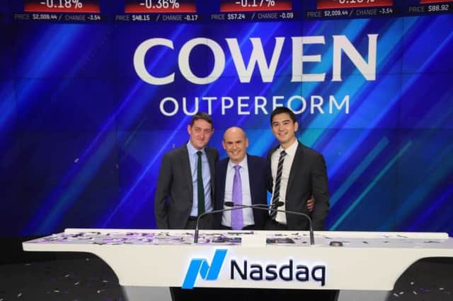 Conor Cregan who was invited to attend Cowen Inc. centenary celebrations in New York with Cowen CEO, Jeffrey M. Solomon and Colin Bridge, a colleague from Cowens London office. Pic: Libby Greene/Nasdaq, Inc.