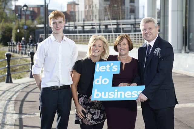 Keith McKinney, North West Regional College HLA student with LacPatrick Dairies, Nicola Curry, NWRC Business Development Manager, Beverley Harrison, Director of Education at the Department for the Economy, and Noel Lavery, Permanent Secretary for the Department for the Economy at the launch of Let's Do Business.