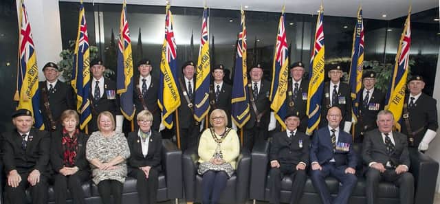 Cllr Brenda Chivers, pictured at a reception in the Council Headquarters along with RBL Standard Bearers and members, who attended the Belgium Group 10 GP90.