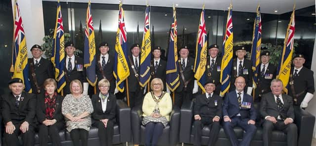 Cllr Brenda Chivers, pictured at a reception in the Council Headquarters  along with RBL Standard Bearers and members, who attended the Belgium Group 10 GP90.