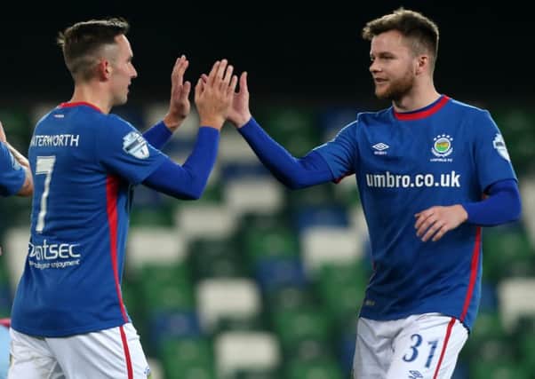 Andy Waterworth (left) and Niall Quinn each grabbed goals for Linfield against Institute.