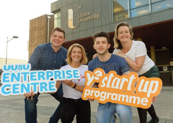 Ulster University Jordanstown Students Jordan Campbell and Kate Umphray help Chris Shannon, Enterprise and Entrepreneurship Manager Ulster University and Carol Fitzsimons, MBE Young Enterprise Chief Executive, launch the first ever Young Enterprise StartUP programme. Teams of students from each campus will set up a business, buy shares, trade for five months and compete to represent Ulster University at the UK Final. 
CREDIT: www.LiamMcArdle.com