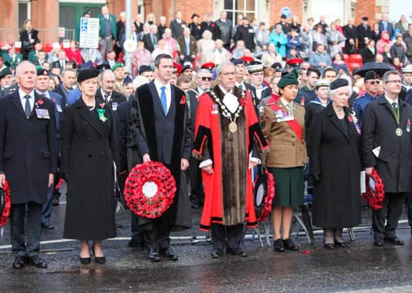 The High Sheriff of Belfast Gillian Bingham, The Mayor of Lisburn & Castlereagh Uel Mackin, The Lord Lieutenant of County Antrim Mrs. Joan Christie and Sir Jeffrey Donaldson MP were among those who laid wreaths. Pic by Norman Briggs, rnbphotographyni.
