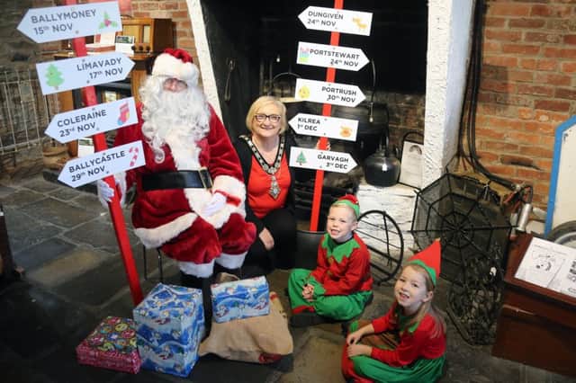 The Mayor of Causeway Coast and Glens Borough Council Cllr Brenda Chivers pictured with Ella Smith and Noah Grieve and Santa Claus as preparations begin to mark the arrival of the Christmas season across the Causeway Coast and Glens.