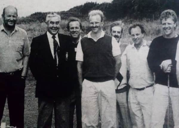 Captain of Larne Golf Club John Leitch with a group of his guests at the Club Captain's Day. 1989.