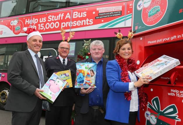 Pictured at the launch of the 2018 Christmas Family Appeal and Translink and U105s Stuff a Bus initiative are (from left):  Ian Campbell, Acting Director of Service Operations at Translink; Major Paul Kingscott, Divisional Leader of the Salvation Army; Archie Kinney, Regional Vice President of St Vincent de Paul and Denise Watson of U105.