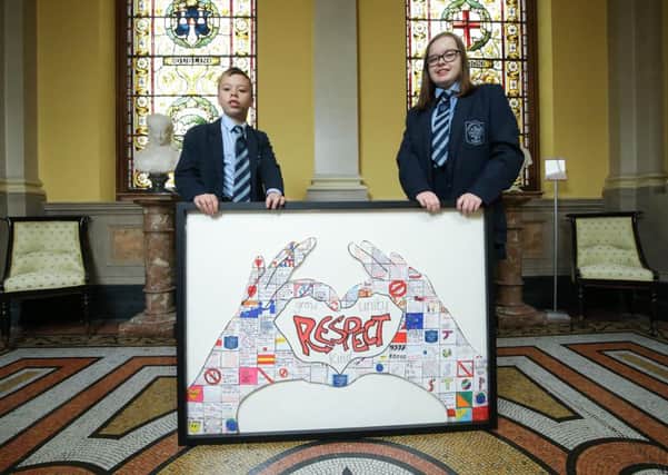 Daniel Meade and Clodagh Lynch from St Patricks College, Banbridge, which won the Chairs Prize (Special Merit Prize - art category) at the recent Anti-Bullying Week creative arts competition.