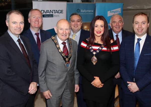 Mayor of Mid & East Antrim Cllr Lindsay Millar and Ballymena Chamber of Commerce President Robin Cherry with members of the Danske Bank team at Thursday morning's Business Breakfast in the Four Seasons Suite at Galgorm Resort & Spa. Included are, L-R, Brian Telford (Danske Bank Head of Markets), Eugene Reid (Ballymena Chamber vice-president), Aaron Ennis (Danske Bank), Tom Wiggins (Ballymena Chamber), Conor Lambe (Danske Bank Chief Economist)