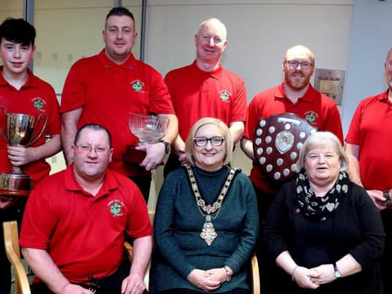 The Mayor of Causeway Coast and Glens Borough Council Councillor Brenda Chivers pictured with Area 10 North Derry County Darts members including Chairperson Mary McCrea, Michael McCloskey, Travis Baur, Gavin Carlin, Dominic Begley, Dermott McGuinness and Paddy McGinnis. PICTURE KEVIN MCAULEY