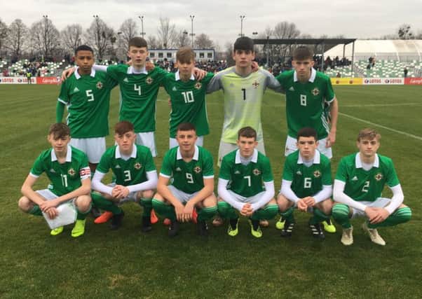 The Northern Ireland U16 team that drew 0-0 against Poland. Back Row (left to right): Shea Charles, Aaron Donnelly, Isaac Price, Conner Byrne,Jonah Heron; Front Row (left to right): Conor Bradley (captain), Sean Stewart, Dale Taylor, Charlie Allen, Orrin McLaughlin, Sean
McAllister.