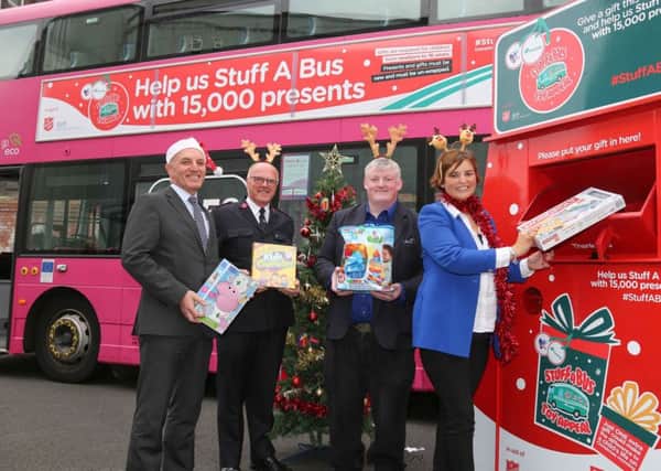Pictured at the launch of the 2018 Christmas Family Appeal and Translink and U105s Stuff a Bus initiative are (from left):  Ian Campbell, Acting Director of Service Operations at Translink; Major Paul Kingscott, Divisional Leader of the Salvation Army; Archie Kinney, Regional Vice President of St Vincent de Paul and Denise Watson of U105.