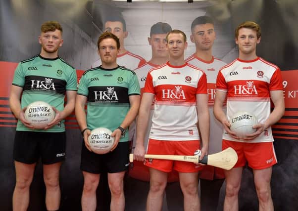 Derry GAA senior players Oran Harkin, Thomas Mallon, Alan Grant and Brendan Rogers pictured at the launch of the new Derry GAA kit for 2019 in ONeills store, Waterloo Place, on Wednesday evening last. DER4818GS026