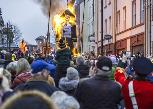 The effigy is set alight at the Lundys Day parade in Londonderry on Saturday afternoon last. DER4818GS054