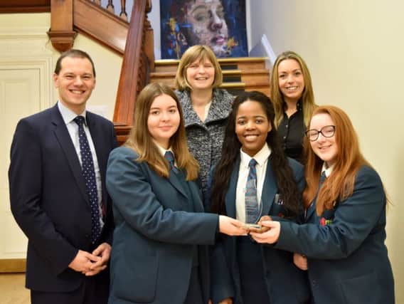 Mr R S McLoughlin (Principal), Emma Harrison, Pearl Sibanda and Lauren Graham with Anne Kerr from the British Psychology Society and Mrs L Duke (Teacher).