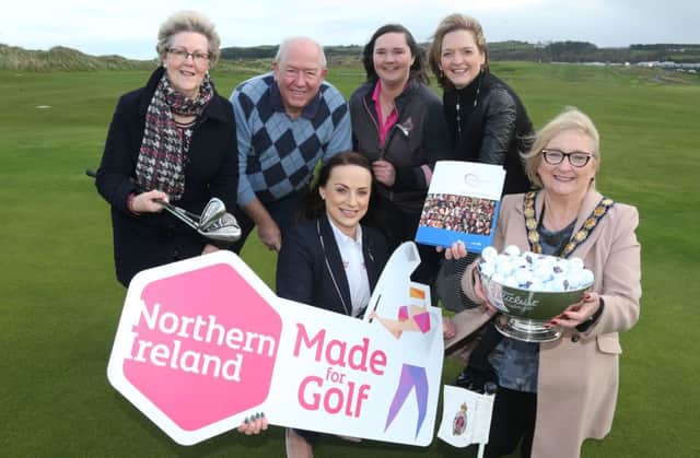 Looking ahead to upcoming training opportunities ahead of The 148th Open which takes place at Royal Portrush Golf Club are WorldHost trainers Jean Haworth and Steven Chambers, Samantha Munroe, Assistant Professional, Royal Portrush Golf Club, WorldHost trainer Wendy Gallagher, Leanne Rice, Tourism NI's Golf Marketing Manager and the Mayor of Causeway Coast and Glens Borough Council Councillor Brenda Chivers.