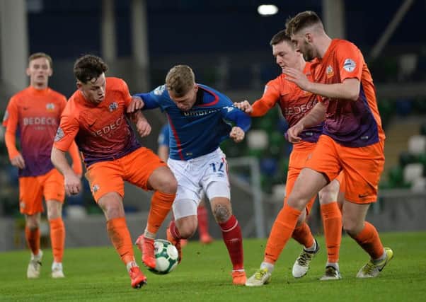 Glenavon's Dylan King (right) on the way to a clean sheet last weekend over Linfield. Pic by Pacemaker.