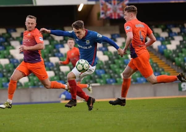 Joel Cooper on the attack for Linfield against former club Glenavon at Windsor Park. Pic by Pacemaker.