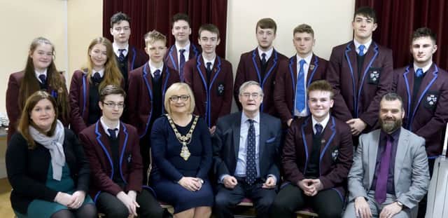 The Mayor of Causeway Coast and Glens Borough Council, Councillor Brenda Chivers pictured with political historian and broadcaster Dr Éamon Phoenix and staff and pupils from Dalriada School at a special talk in Ballymoney Museum about the Great War and its legacy.PICTURE KEVIN MCAULEY/MCAULEY MULTIMEDIA