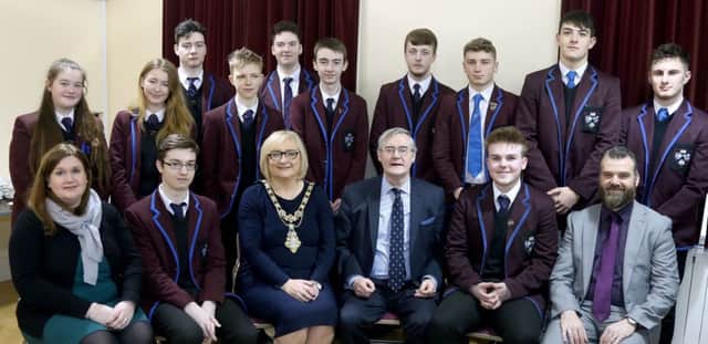 The Mayor of Causeway Coast and Glens Borough Council, Councillor Brenda Chivers pictured with political historian and broadcaster Dr Ã‰amon Phoenix and staff and pupils from Dalriada School at a special talk in Ballymoney Museum about the Great War and its legacy.PICTURE KEVIN MCAULEY/MCAULEY MULTIMEDIA