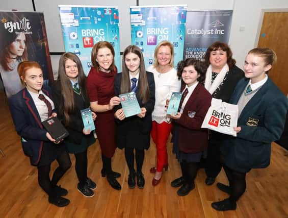 Sinead Dillon Principal Consultant at Fujitsu is pictured with Dr Michaela Black from Ulster University, Susan McCambridge from Bring IT On, and local students at the Changing IT: Careers for the Future event.