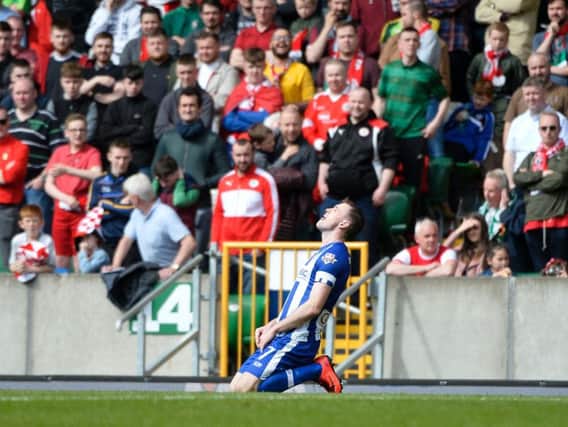 Darren McAuley celebrates after firing his side into a 1-0 lead in the Irish Cup Final last year.