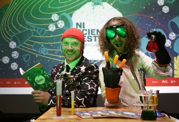 Ryan Tracey, Duff Balloons and the Professor pictured at the launch of the 2019 NI Science Festival on Thursday, January 10, at the Nerve Centre. For more information about NI Science Festival events and to purchase tickets, visit nisciencefestival.com.